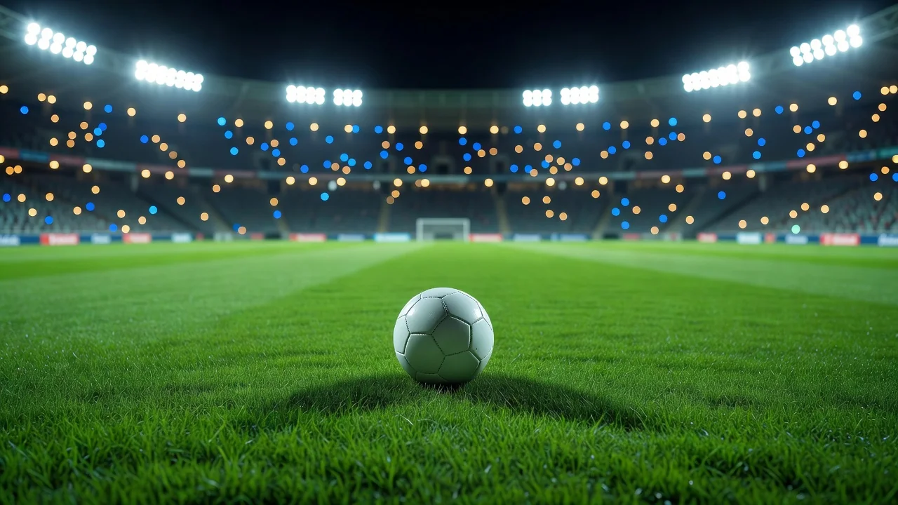 Gece stadyumda çim saha üzerinde futbol topu, arka planda tribün ışıkları bokeh