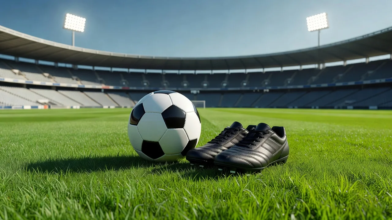 Yeşil çim üzerinde siyah beyaz futbol topu ve kramponlar, stadyum ışıkları altında