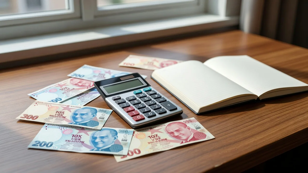 Masa üzerinde Türk lirası banknotları, hesap makinesi ve boş defter, pencere ışığı