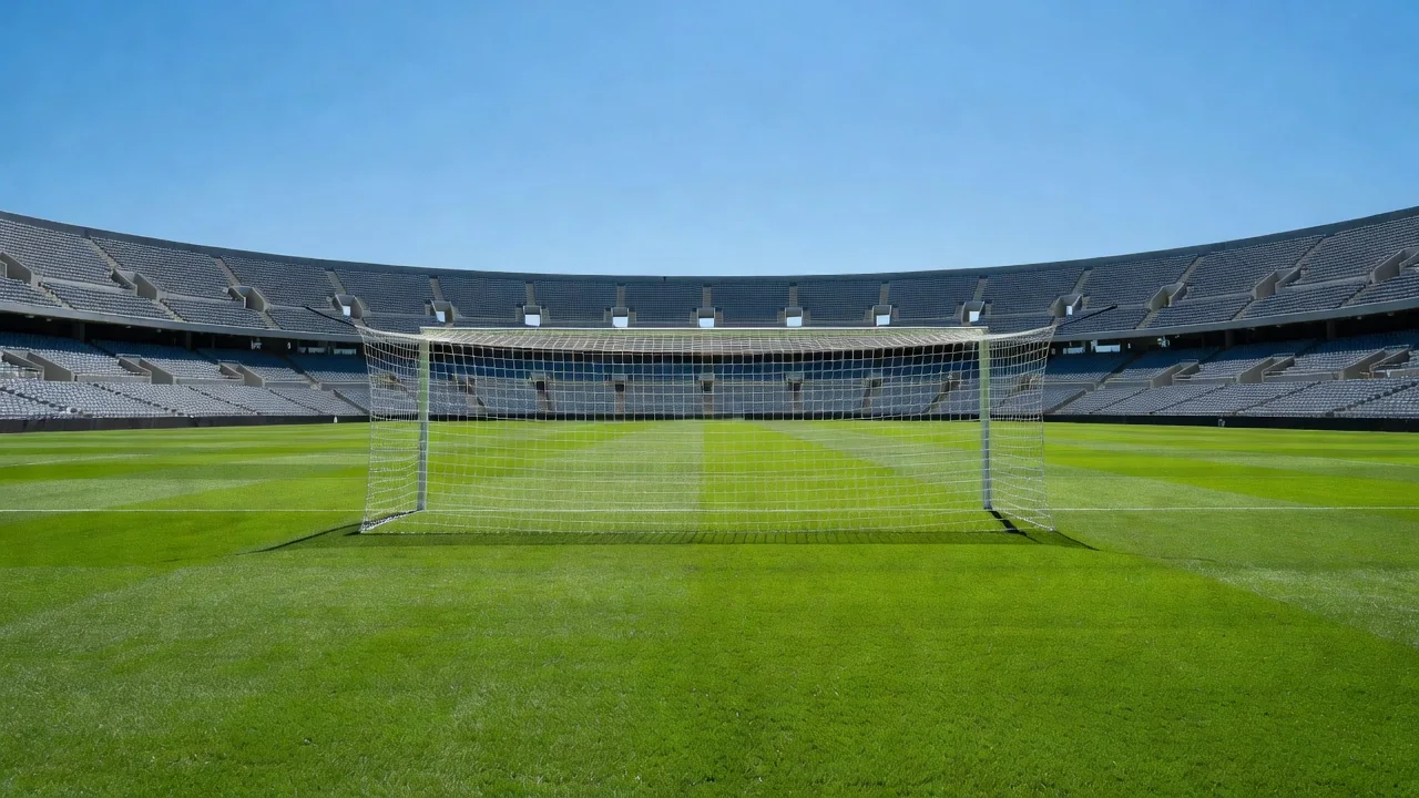 Boş stadyumda yeşil saha ve kale, tribünler arka planda, gün ışığı, insan yok