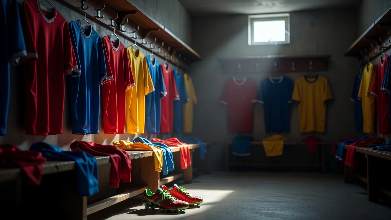 Soyunma odasında askıda forma ve futbol ayakkabıları, loş ışık, detay çekim