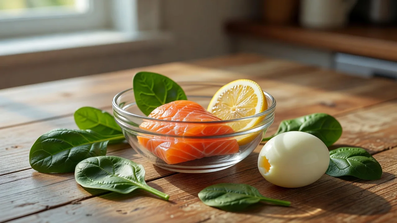 Ahşap masa üzerinde cam kâsede somon dilimi, limon, ıspanak yaprakları ve yumurta, yumuşak sabah ışığı