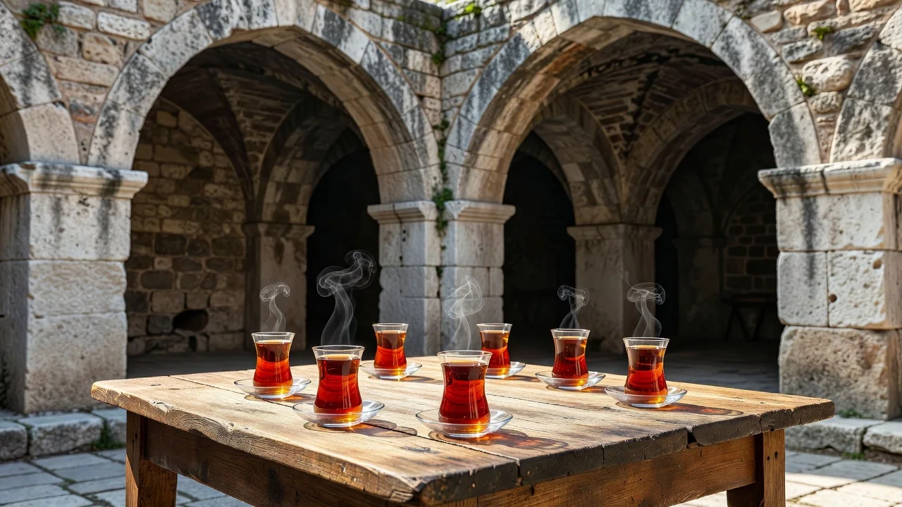 Han avlusunda taş kemerler ve çay bardakları ahşap masada, yumuşak gölge ışığı