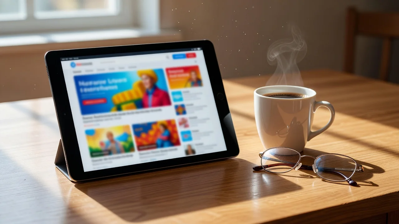 Masa üzerinde tablet ekranında haber sayfası görünümü, yanında kahve ve gözlük, sabah ışığı