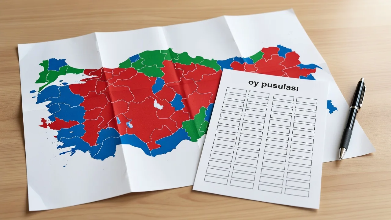 Masa üzerinde Türkiye haritası ve oy pusulası temsili kağıtlar, yanında kalem, stüdyo ışığı