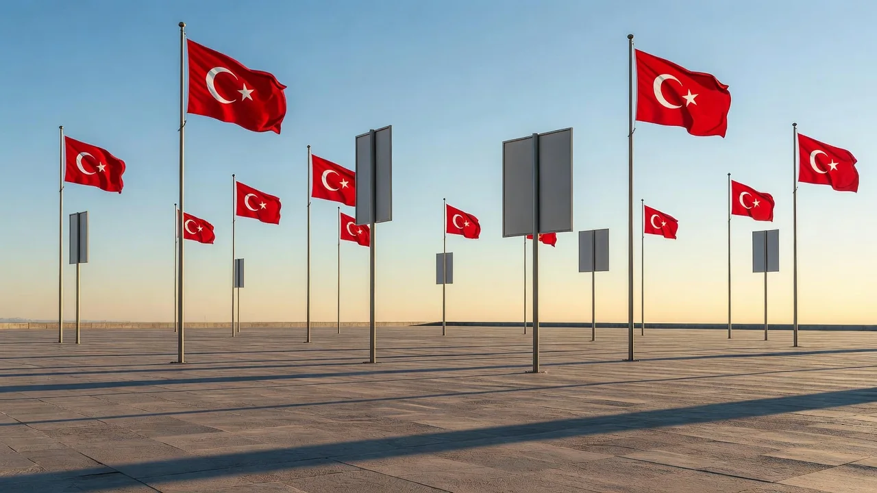 Boş meydanda Türk bayrakları ve seçim panosu direkleri, akşamüstü ışığı, insan yok