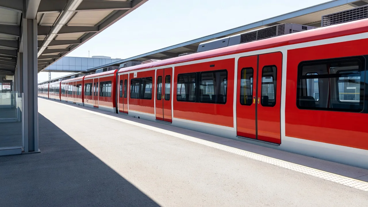 İZBAN banliyö treni istasyon peronunda, kırmızı beyaz tren, boş platform, gün ışığı