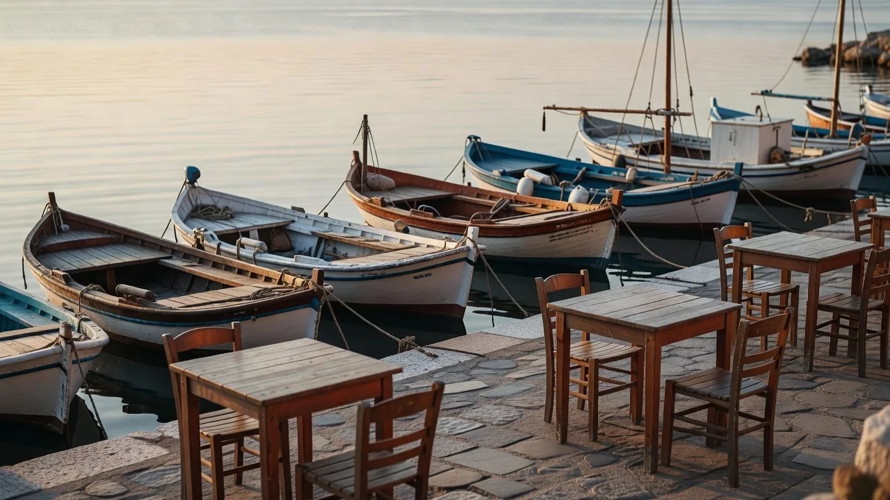 Urla İskelesi'nde gün batımı ve tekne siluetleri