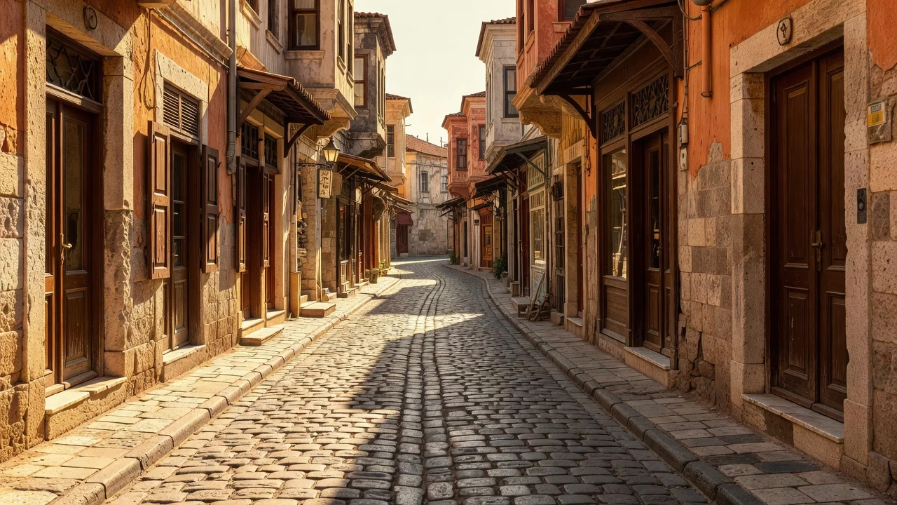 İzmir Kemeraltı çarşısında taş sokak ve tarihi dükkan cepheleri, sıcak gün ışığı